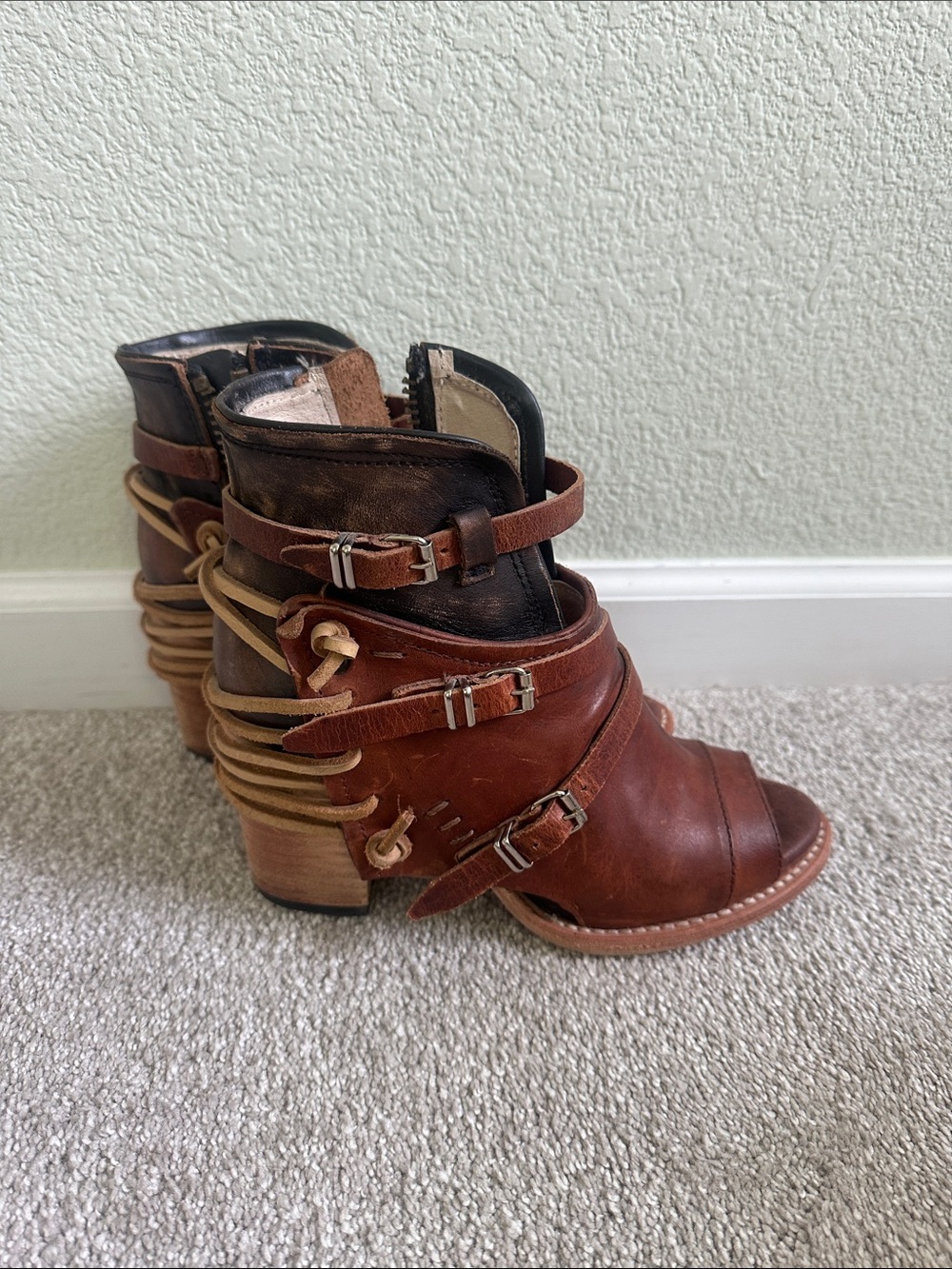 FREEBIRD Carter Women's Brown Leather Open-Toe Ankle Boots with Buckle Straps